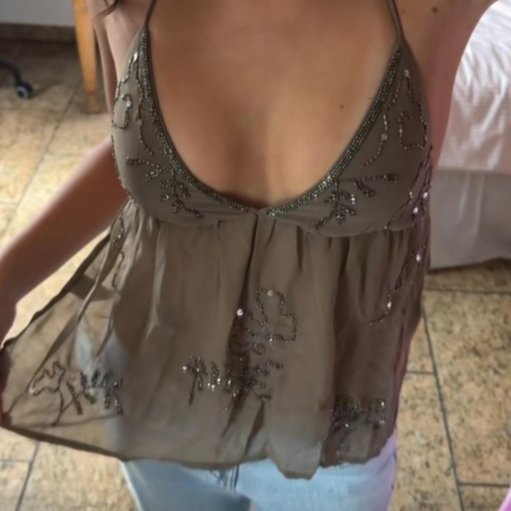 Beaded Spaghetti Strap Babydoll Top in Beige
